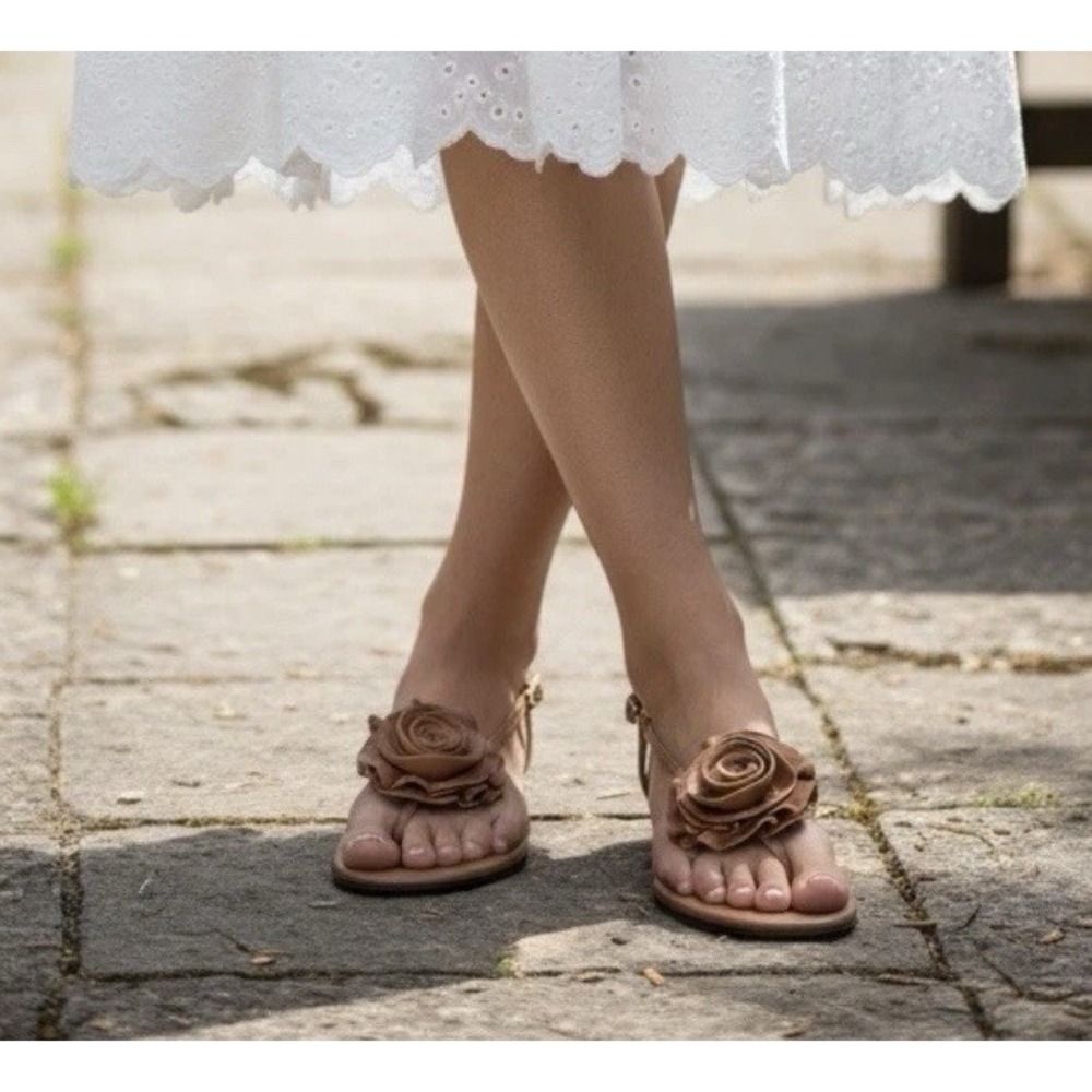 Valentino Garavani S 6 Leather Rose Sandals Womens Brown Boho Slingback Italy